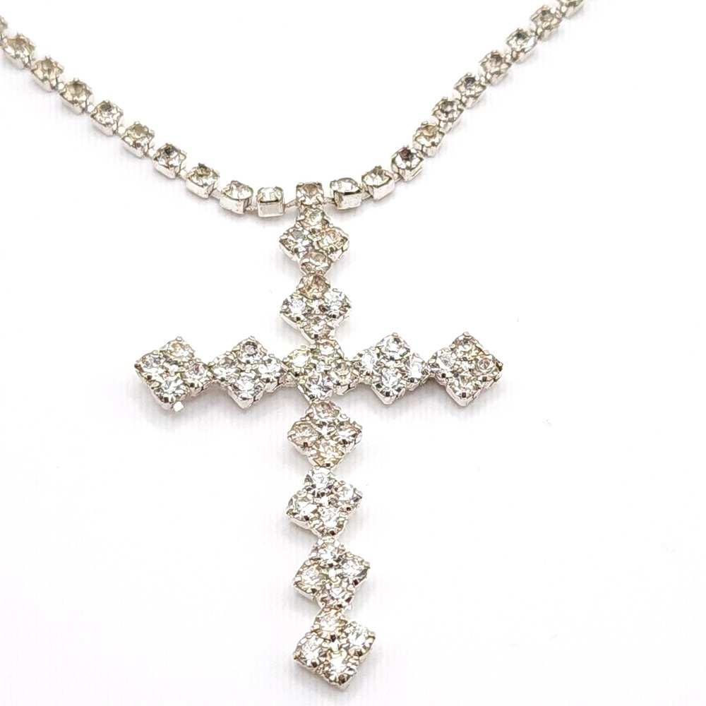 Silver Tone Crystal Cross Pendant Necklace Faith Religious Elegant Gift Jewelry